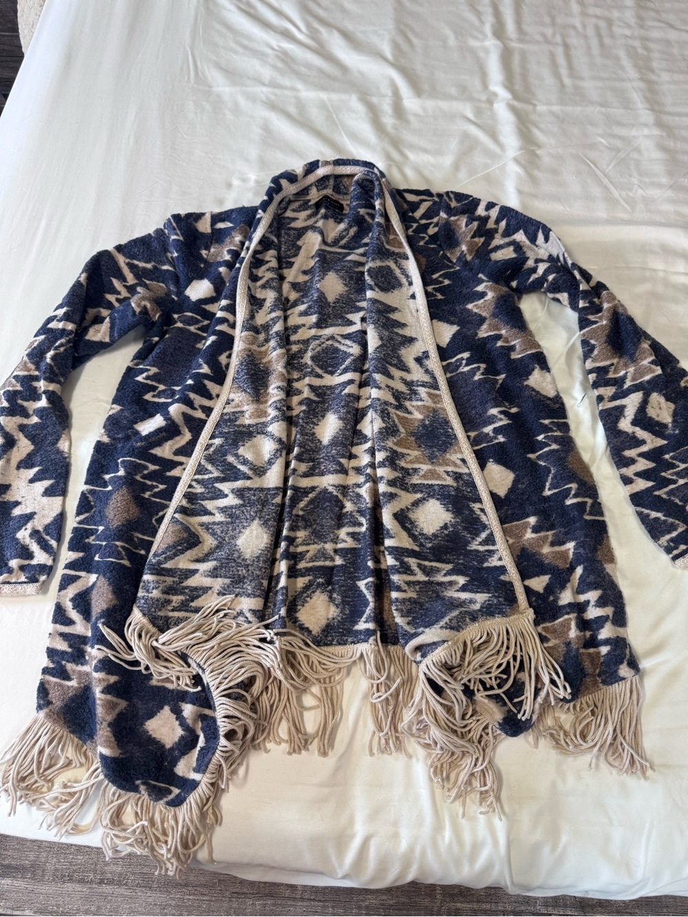 Lucky Brand Navy & Beige Aztec Fringe Open-Front Cardigan